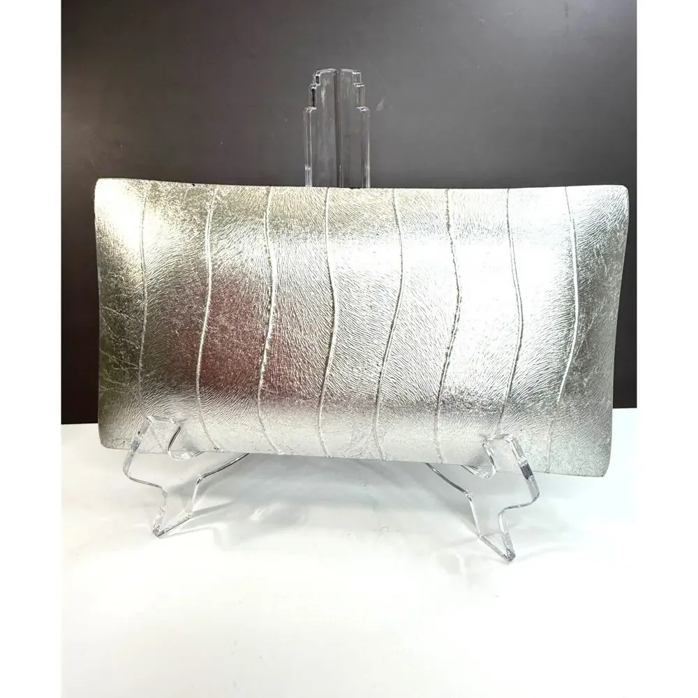 Unmarked Fused Glass Valet Tray Vertical Stripes in Metallic Red Black Silver